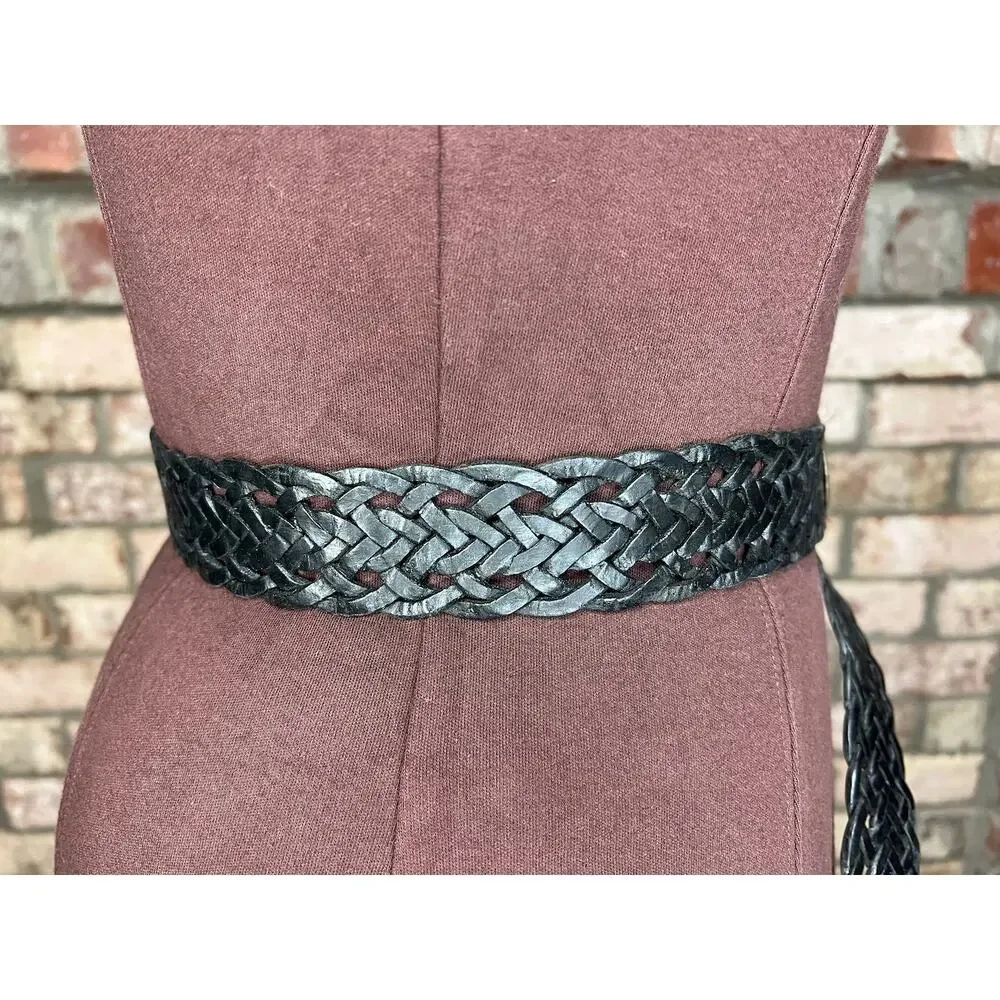 belt split leather black braided goldtone buckle stone western
